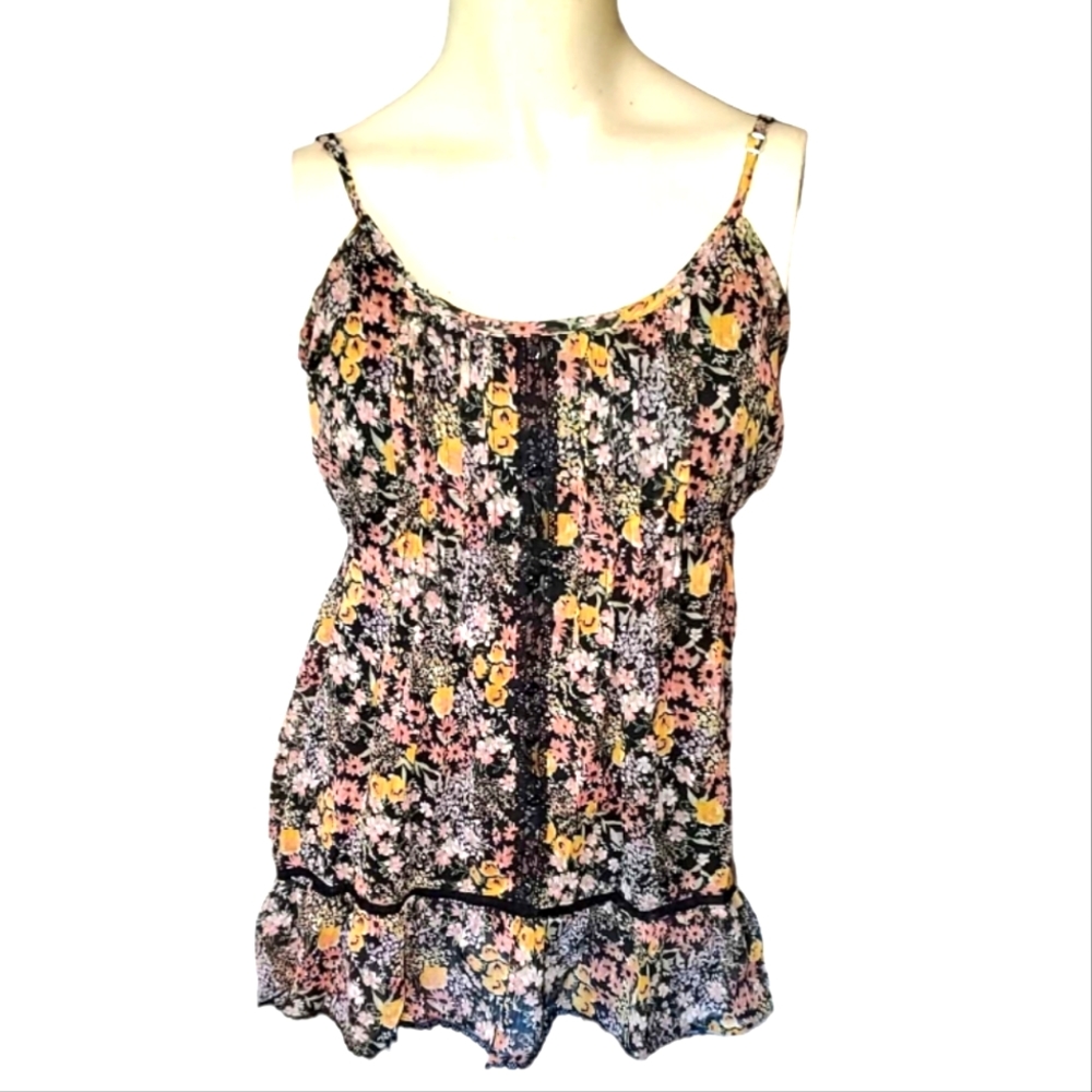 DECREE Sleeveless Womens Baby Doll Top Black Pink Yellow Daisy Floral Top
